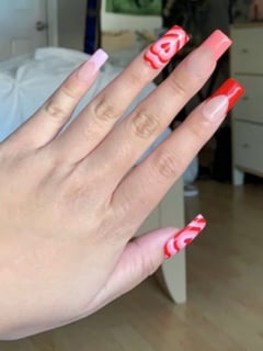 View Nails, Manicure, Gel, Nail Finish, Medium, Nail Length, Long, Beige, Nail Color, Pink, Red, Pastel, Accent Nail, Nail Style, French Manicure, Hand Painted, Mix-and-Match, Nail Art, Square, Nail Shape - Nail Artist, Anaheim, CA