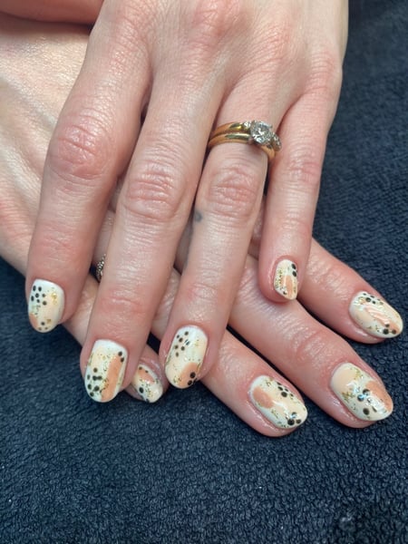 Image of  Manicure, Nails, Nail Length, Medium, Nail Art, Hand Painted, Color Block, White, Nail Color, Gold, Metallic, Beige, Black, Glitter, Brown, Nail Finish, Nail Shape, Almond, Gel