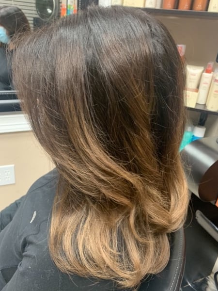Image of  Women's Hair, Blowout, Hair Color, Balayage, Blonde, Brunette, Color Correction, Foilayage, Highlights, Medium Length, Hair Length, Haircuts, Layered