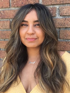 View Hairstyles, Brunette, Hair Color, Foilayage, Medium Length, Hair Length, Layered, Haircuts, Women's Hair, Curly, Permanent Hair Straightening, Beachy Waves - Cindy Martinez, Long Beach, CA