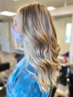 View Hair Color, Women's Hair, Balayage, Curls, Hairstyle, Beachy Waves, Haircut, Layers, Hair Length, Long Hair (Upper Back Length), Highlights, Foilayage, Blonde - Rachel Parr, Bedford, NH