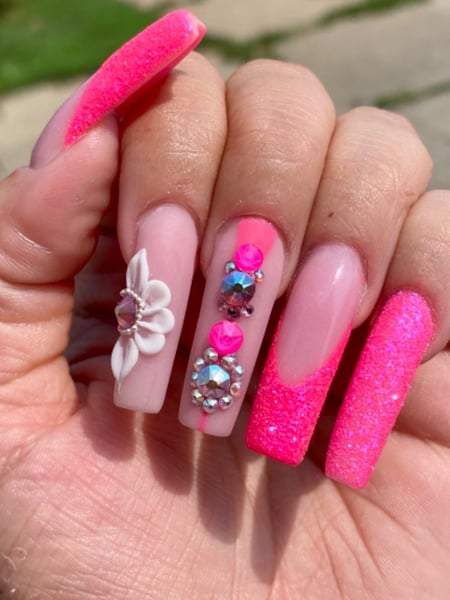 Image of  Nails, Acrylic, Nail Finish, Long, Nail Length, Pink, Nail Color, Nail Jewels, Nail Style, Reverse French, Hand Painted, French Manicure, Mix-and-Match, Square, Nail Shape