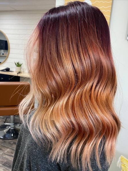 Image of  Women's Hair, Blowout, Hair Color, Balayage, Blonde, Fashion Color, Red, Ombré, Highlights, Foilayage, Hair Length, Shoulder Length, Beachy Waves, Hairstyles