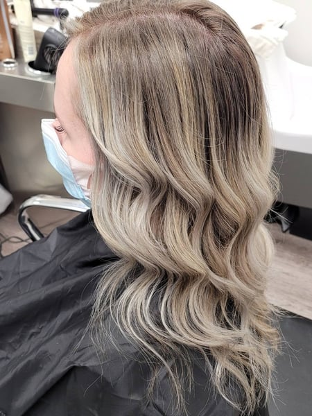 Image of  Women's Hair, Blowout, Hair Color, Balayage, Brunette, Foilayage, Silver, Medium Length, Hair Length, Haircuts, Layered, Beachy Waves, Hairstyles, Curly