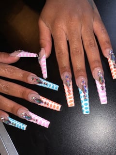 View Nails, Manicure, Nail Finish, Acrylic, Gel, Nail Length, XXL, Nail Color, Beige, White, Nail Style, French Manicure, Hand Painted, Nail Jewels, Nail Art, Nail Shape, Coffin - Rawassnails, Houston, TX