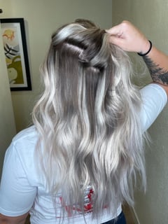 View Women's Hair, Hair Extensions, Hairstyles, Beachy Waves, Hair Length, Long, Silver, Blonde, Highlights, Hair Color - Lauryn Kraklio, Cedar Rapids, IA
