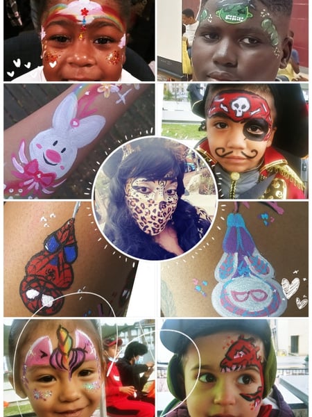 Image of  Face Painting, Animals, Leopard, Unicorn, Bunny, Dragon, Characters, Superhero, Pirate, Shapes & Things, Stars, Flowers, Embellishments, Glitter
