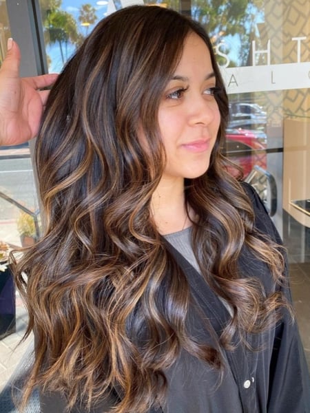Image of  Women's Hair, Foilayage, Hair Color, Brunette, Blonde, Balayage, Black, Color Correction, Full Color, Highlights, Long, Hair Length, Curly, Haircuts, Beachy Waves, Hairstyles