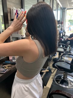 View Women's Hair, Permanent Hair Straightening, Keratin, Hairstyles, Straight, Hair Length, Medium Length, Hair Color, Full Color, Blowout - Rania Hosn, Gaithersburg, MD