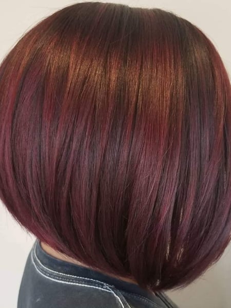 Image of  Women's Hair, Balayage, Hair Color, Fashion Color, Red, Hair Length, Short Chin Length, Blunt, Haircuts, Bob