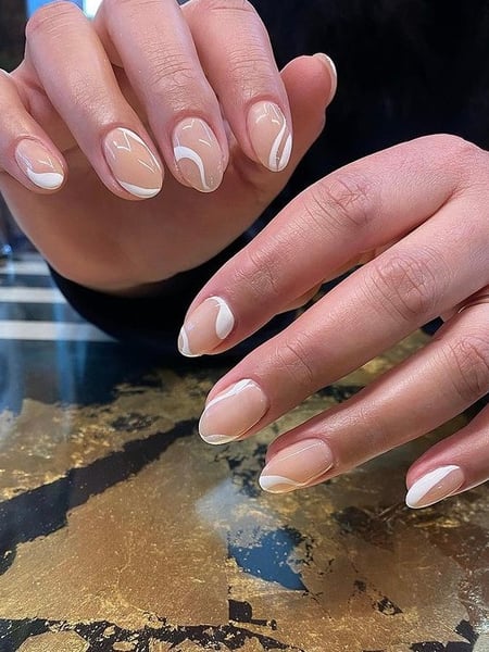 Image of  Nails, Manicure, Nail Finish, Gel, Short, Nail Length, Beige, Nail Color, White, Hand Painted, Nail Style, Mix-and-Match, Nail Art, Oval, Nail Shape