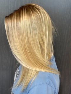 View Blonde, Hairstyle, Straight, Haircut, Blunt (Women's Haircut), Hair Length, Long Hair (Upper Back Length), Highlights, Hair Color, Women's Hair - Rush Montagne, Raleigh, NC