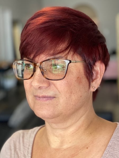 Image of  Women's Hair, Color Correction, Hair Color, Red, Full Color, Hair Length, Pixie, Short Ear Length
