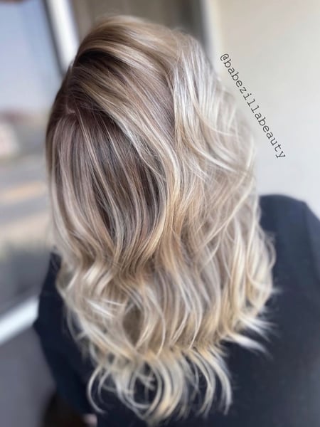 Image of  Women's Hair, Hair Color, Balayage, Foilayage, Highlights, Blonde, Long Hair (Upper Back Length), Hair Length, Haircut, Layers, Beachy Waves, Hairstyle