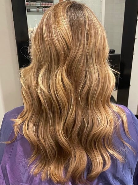 Image of  Layers, Haircut, Women's Hair, Blowout, Curls, Hairstyle, Highlights, Hair Color, Blonde, Long Hair (Upper Back Length), Hair Length, Long Hair (Mid Back Length)