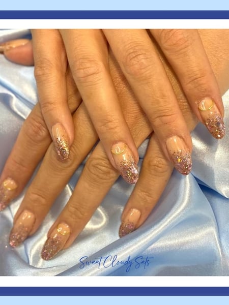 Image of  Nails, Manicure, Gel, Nail Finish, Nail Length, Medium, Beige, Nail Color, Glitter, Metallic, Accent Nail, Nail Style, French Manicure, Mix-and-Match, Nail Art, Ombré, 3D, Almond, Nail Shape, Oval