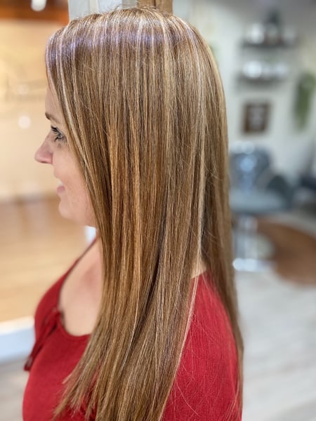 Image of  Layered, Haircuts, Women's Hair, Keratin, Permanent Hair Straightening, Straight, Hairstyles, Brunette, Hair Color, Highlights, Foilayage, Long, Hair Length