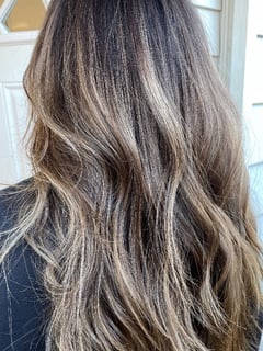 View Women's Hair, Curls, Hairstyle, Brunette Hair, Hair Color, Foilayage, Balayage, Long Hair (Mid Back Length), Hair Length, Layers, Haircut - Tracy Ingold, Salem, OR