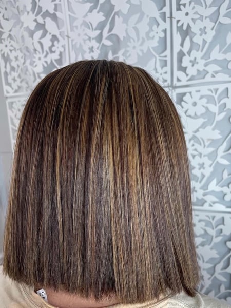 Image of  Women's Hair, Blowout, Hair Color, Brunette, Highlights, Shoulder Length, Hair Length, Bob, Haircuts, Hairstyles, Straight