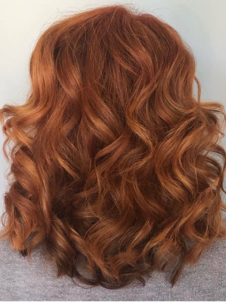 Image of  Layers, Haircut, Women's Hair, Curly, Blowout, Curls, Hairstyle, Red, Hair Color, Full Color, Balayage, Shoulder Length Hair, Hair Length