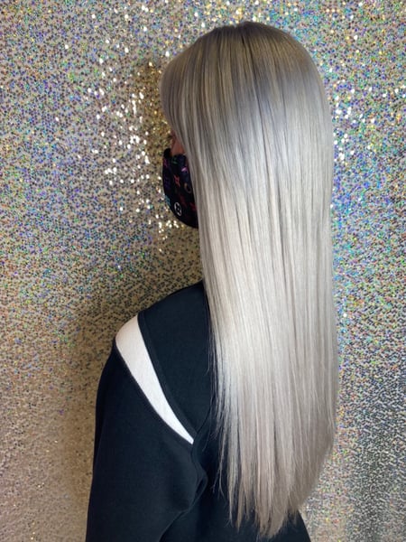 Image of  Women's Hair, Hair Color, Fashion Color, Blonde, Silver, Hair Length, Long, Haircuts, Layered, Hairstyles, Hair Extensions, Straight, Permanent Hair Straightening