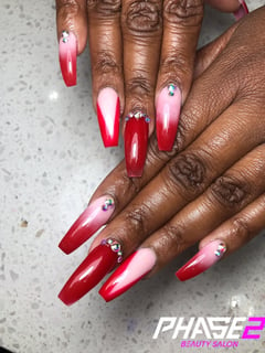 View Acrylic, Treatment, Paraffin Treatment, Nail Art, Jeweled, Hand Painted, Nail Style, Accent Nail, White, Pink, Nail Color, Red, Nail Length, Nails, Long, Gel, Nail Finish - April Revollo, Rockville, MD