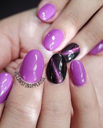 Image of  Nails, Black, Nail Color, Purple, Gel, Nail Finish, Short, Nail Length, Almond, Nail Shape, Accent Nail, Nail Style