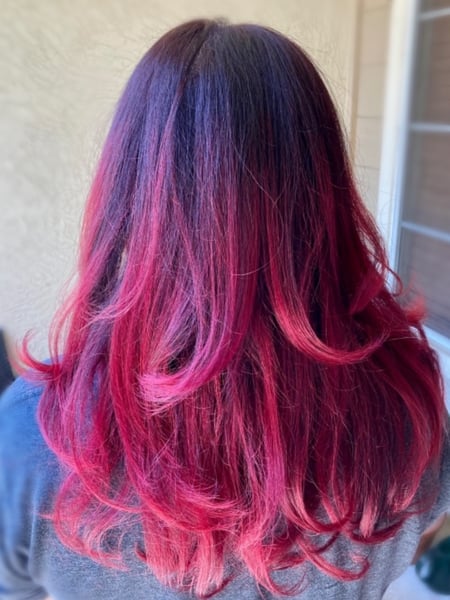 Image of  Women's Hair, Hair Color, Balayage, Foilayage, Fashion Color, Red, Hair Length, Medium Length, Layered, Haircuts, Blowout