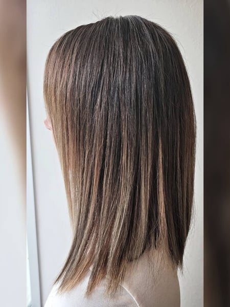 Image of  Women's Hair, Blowout, Hair Color, Balayage, Black, Brunette, Foilayage, Full Color, Highlights, Hair Length, Shoulder Length, Haircuts, Bob, Hairstyles, Straight