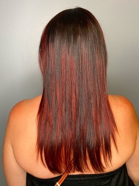 Image of  Women's Hair, Hair Color, Balayage, Fashion Color, Foilayage, Highlights, Red, Ombré, Long, Hair Length, Straight, Hairstyles