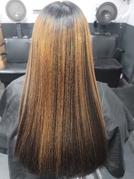 Image of  Long, Hair Length, Women's Hair, Blunt, Haircuts, Balayage, Hair Color, Blonde, Highlights, Blowout, Hairstyles, Straight, Natural, Silk Press, Permanent Hair Straightening