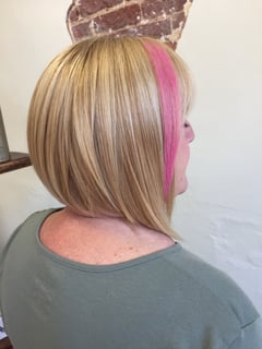 View Bob, Haircuts, Women's Hair, Layered, Bangs, Blowout, Straight, Hairstyles, Natural, Highlights, Hair Color, Full Color, Blonde, Shoulder Length, Hair Length - Spencer Sherrard, Frederick, MD