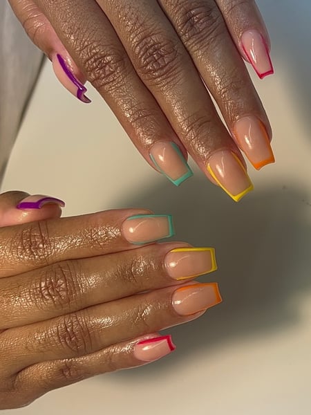 Image of  Nails, Nail Art, Yellow, Green, Blue, Purple, Pink, Hand Painted, Nail Style, Nail Color, Orange, Nail Length, French Manicure, Short, Neon