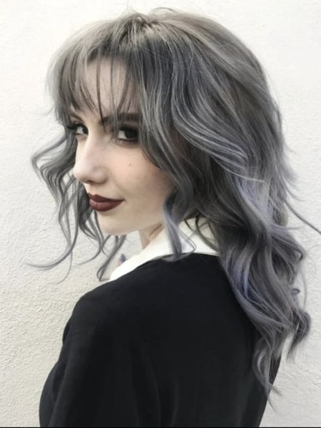 Image of  Medium Length, Hair Length, Women's Hair, Bangs, Haircuts, Layered, Balayage, Hair Color, Fashion Color, Foilayage, Highlights, Ombré, Silver, Beachy Waves, Hairstyles, Blowout