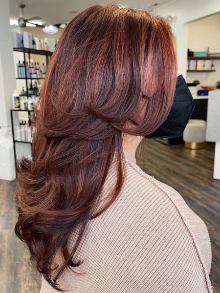 Image of  Layered, Haircuts, Women's Hair, Blowout, Curly, Hairstyles, Red, Hair Color, Brunette, Foilayage, Fashion Color, Balayage, Long, Hair Length