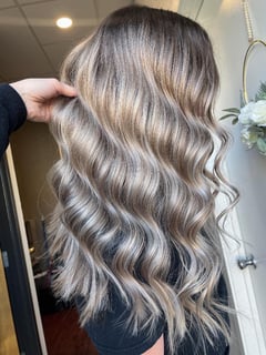 View Hair Length, Long Hair (Upper Back Length), Hairstyle, Curls, Hair Color, Balayage, Women's Hair - Kristina Bates, Yukon, OK