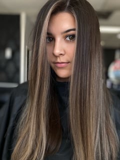View Long, Hair Length, Women's Hair, Medium Length, Layered, Haircuts, Foilayage, Hair Color, Highlights, Balayage, Straight, Hairstyles - Brittany Shadle, New Caney, TX