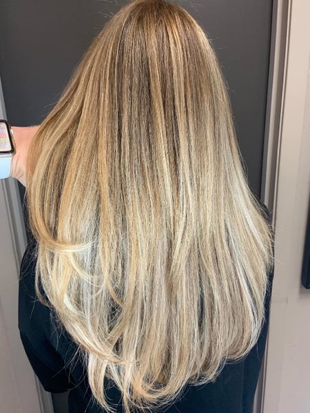 Image of  Hair Length, Women's Hair, Long, Blowout, Hairstyles, Hair Extensions, Curly, Layered, Haircuts, Keratin, Permanent Hair Straightening, Foilayage, Hair Color, Highlights, Blonde, Balayage, Ombré