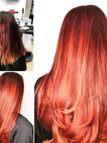 Image of  Women's Hair, Hair Color, Balayage, Highlights, Red, Hair Length, Long, Layered, Haircuts, Straight, Hairstyles